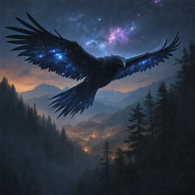 The primary subject of the image is a large black bird, possibly a hawk, flying through the night sky. The bird is soaring over a mountainous landscape, with a backdrop of trees and a starry sky. The visual style of the image is a digital art or illustration, creating a dramatic and atmospheric scene. The colors in the image are predominantly black and blue, with the starry sky adding a touch of white. The overall mood of the image is one of mystery and beauty, as the bird soars through the night sky against the backdrop of the mountains and trees.